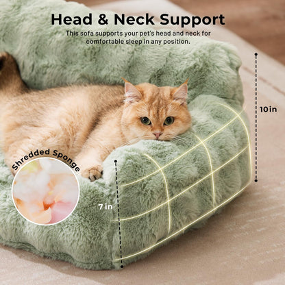 Cat Couch Bed for Indoor Cats - Orthopedic Cat Sofa with Supportive Egg Foam, Fluffy Cute Faux Fur Removable Washable Cover and Non-Slip Bottom, Grey
