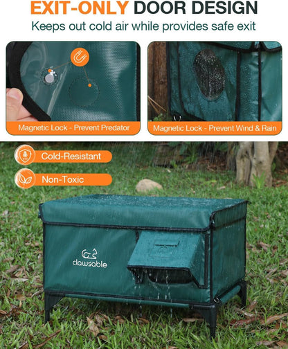 Indestructible Heated Cat House for Outside Winter, 100% Waterproof, Safe Escape Door, Insulated Outdoor Cat Shelter with Heater for Feral Barn Cat Kitty (Forest Green, 26"x16"x18")