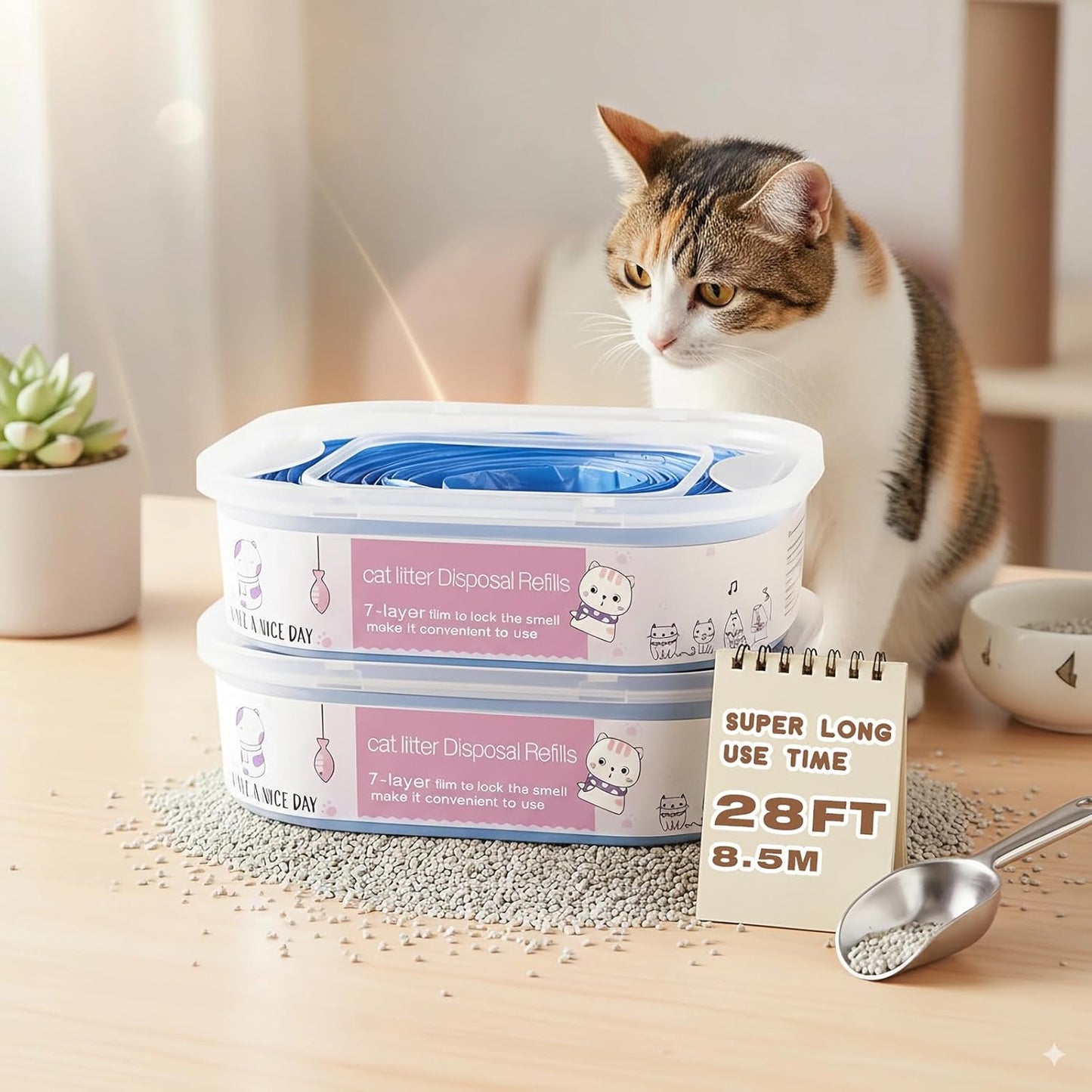 2 Pack 28FT Cat Litter Refill Cartridge, Compatible with Pet Genie Standard/Plus/Style Pail Refills, Up to 8 Months of Supply, 7 layer Odor Control Jumbo Refill Cartridge