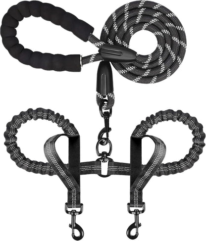 Double Dog Leash for Two Dogs, Heavy Duty Adjustable No Tangle, Bungee Retractable Split Multiple Leash for Walking 2 Dogs, 5.5FT-1/2”, Black