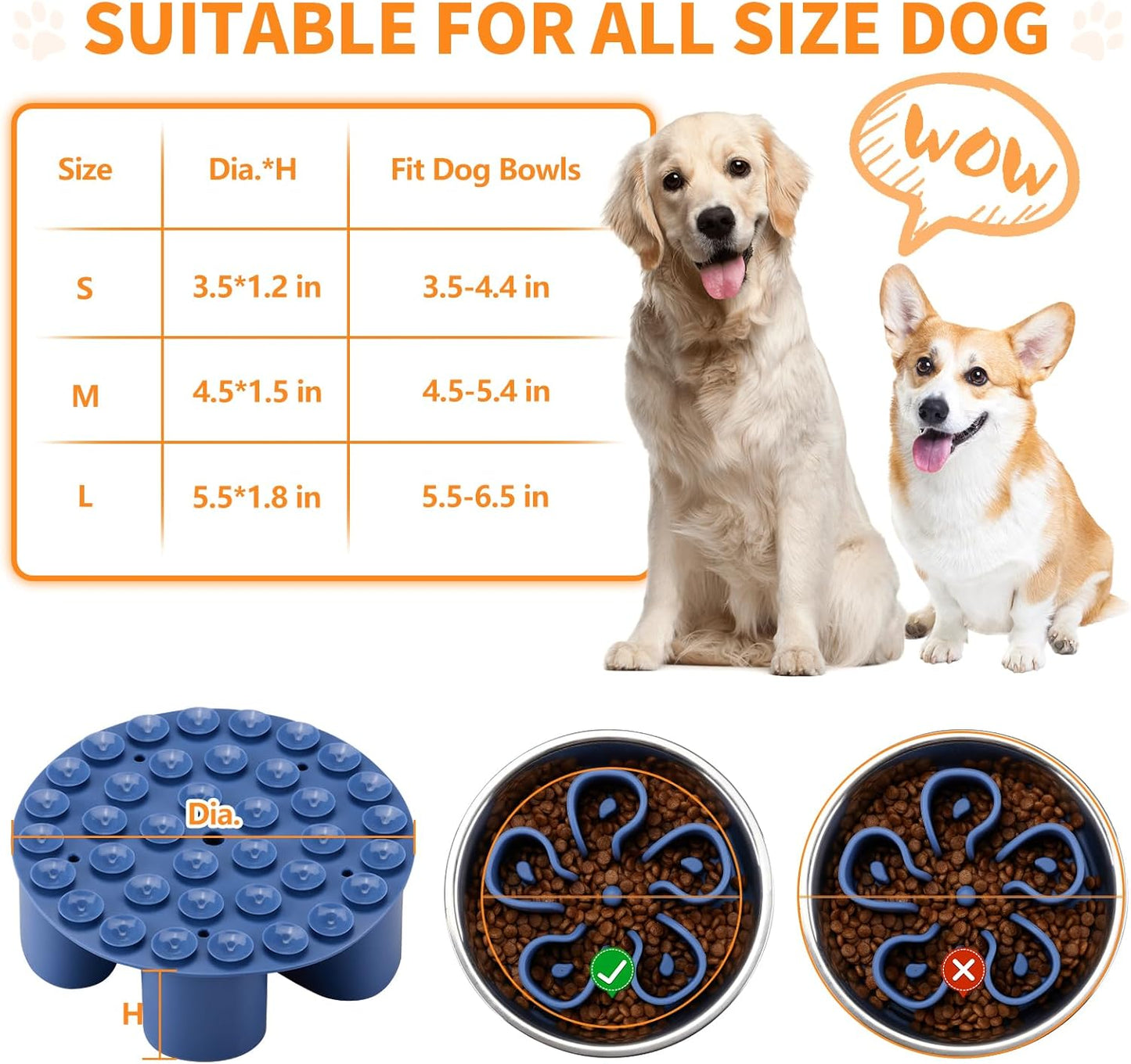 Slow Feeder Dog Bowls Insert, Bestalk Soft Silicone Slow Eating Dog Bowl Insert with Suction Cups for Small, Medium and Large Dogs(Darkblue M)
