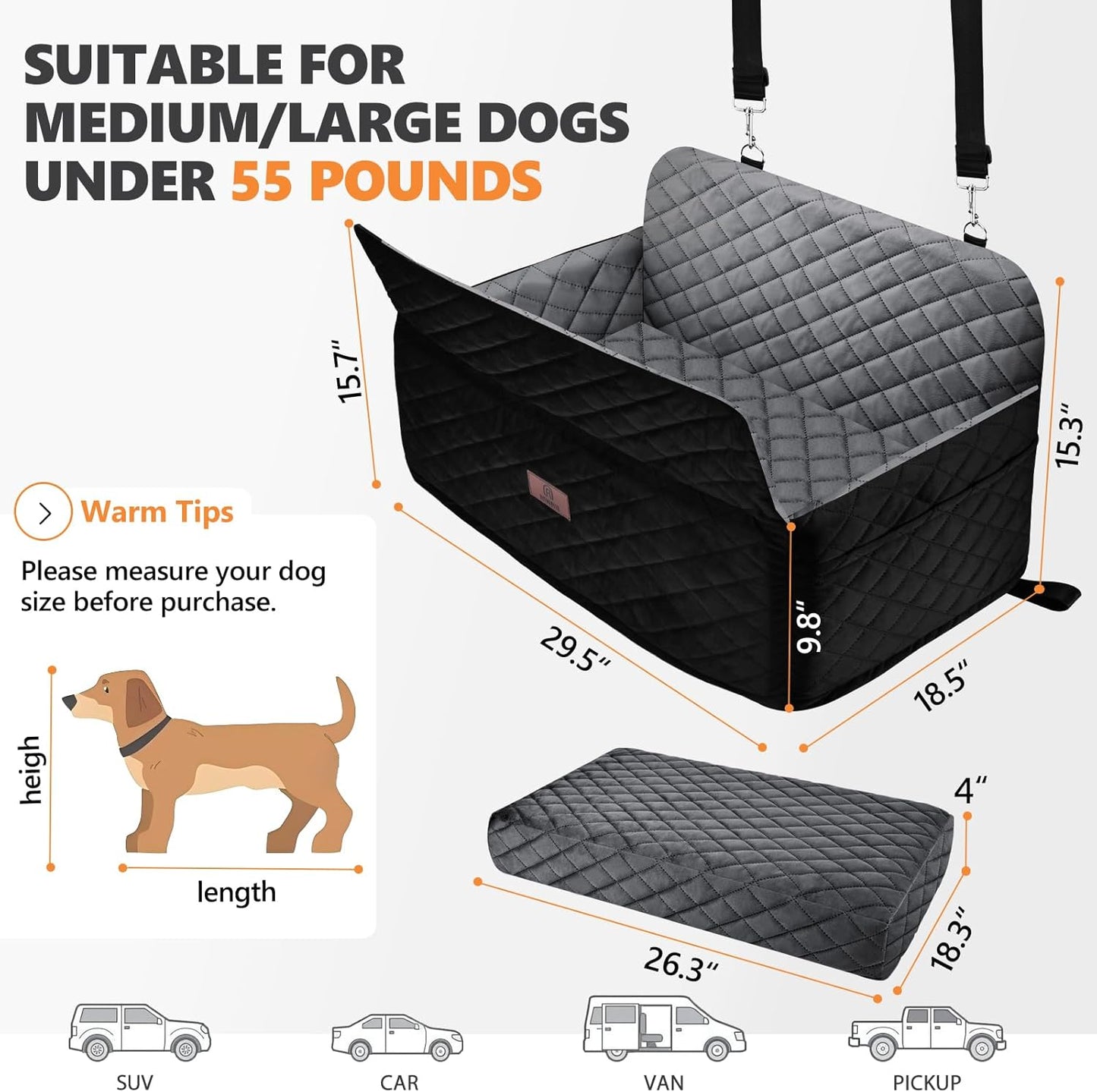 Dog Car Seat for Medium Dogs up to 55 lbs or 2 Small Dogs, Booster Car Seat with 4" Egg-Crate Foam, Detachable & Washable Cover (Black/Grey)