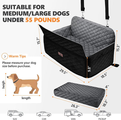 Dog Car Seat for Medium Dogs up to 55 lbs or 2 Small Dogs, Booster Car Seat with 4" Egg-Crate Foam, Detachable & Washable Cover (Black/Grey)