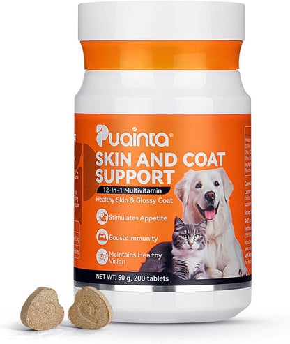 Dog Vitamins for Itchy Skin, Omega 3 Fish Oil for Healthy Skin, Less Shedding, Fluffy Hair, 12-in-1 Multivitamin for Dogs & Cats, Folic Acid Pregnant Dog Skin Care-200 Tablets