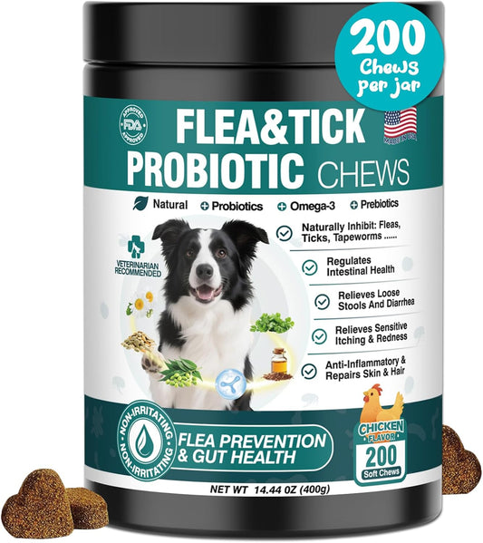 Dog Flea and Tick Treatment Chewables for Dogs Natural Chewable Flea and Tick Chicken Flavor Prevention Probiotic Dog Chews Gut Health Probiotics for Dogs Digestive Health 2 in 1 Chewable 200 Chews