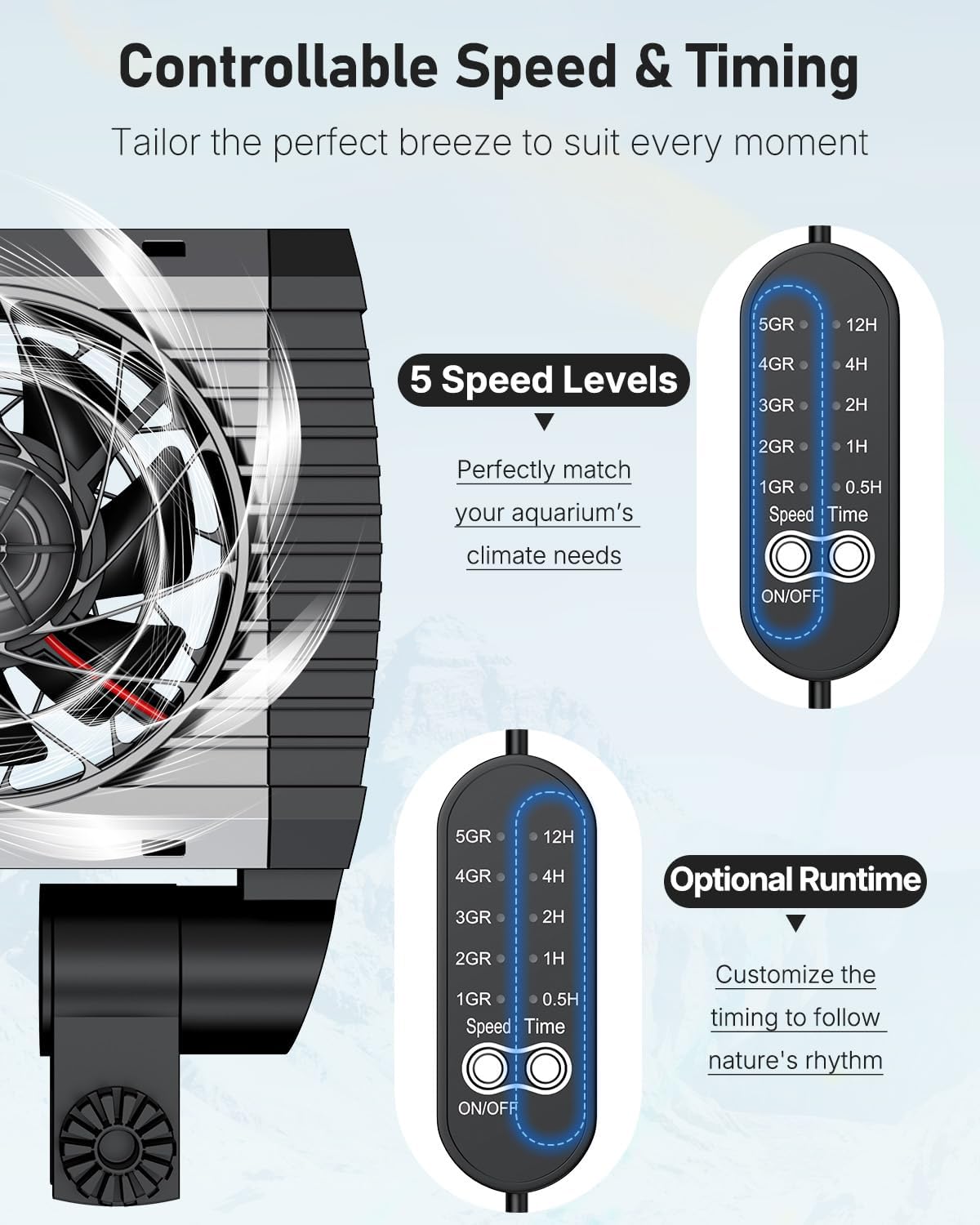 Pawfly Aquarium Chiller Fan, Quiet Aquarium Fan for Axolotl Tank, Fish Tank Cooling Fan, Aquarium Cooler with Adjustable Speed and Timer, Terrarium Fan Water Chiller for Freshwater and Saltwater Tanks