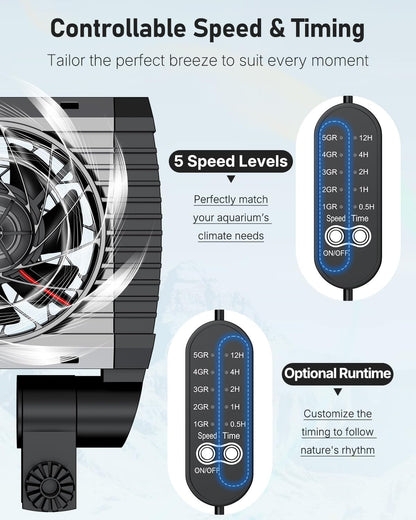 Pawfly Aquarium Chiller Fan, Quiet Aquarium Fan for Axolotl Tank, Fish Tank Cooling Fan, Aquarium Cooler with Adjustable Speed and Timer, Terrarium Fan Water Chiller for Freshwater and Saltwater Tanks