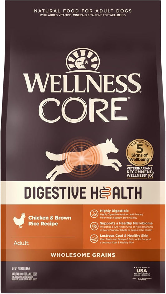 Wellness CORE Digestive Health Dry Dog Food, Wholesome Grains, Natural, Recipe for Dogs with Sensitive Stomachs, Chicken, (24-Pound Bag)