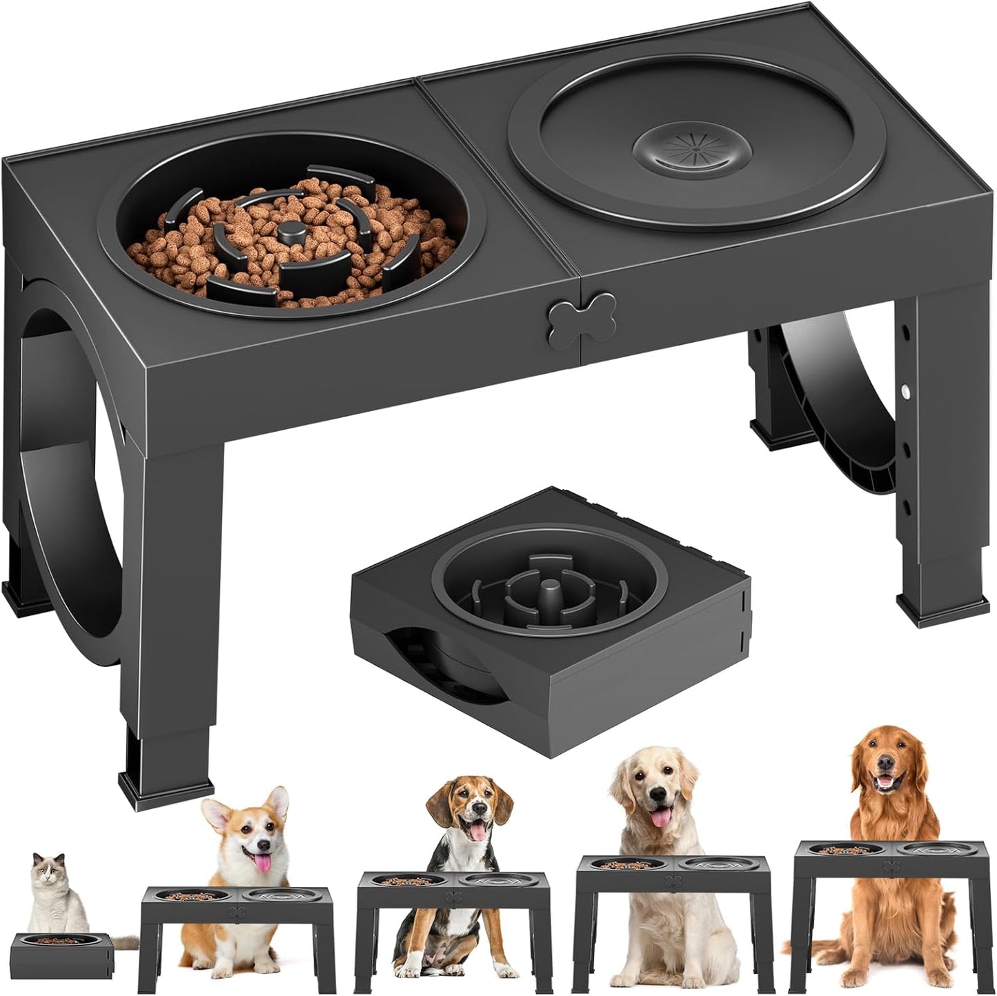 XIAZ Elevated Dog Bowls Slow Feeder Dog Bowl Stand Food and Water Bowl Set for Large Medium Sized, 4 Heights Adjustable, Non-Slip, Durable, Prevents Bloating & Improves Digestion