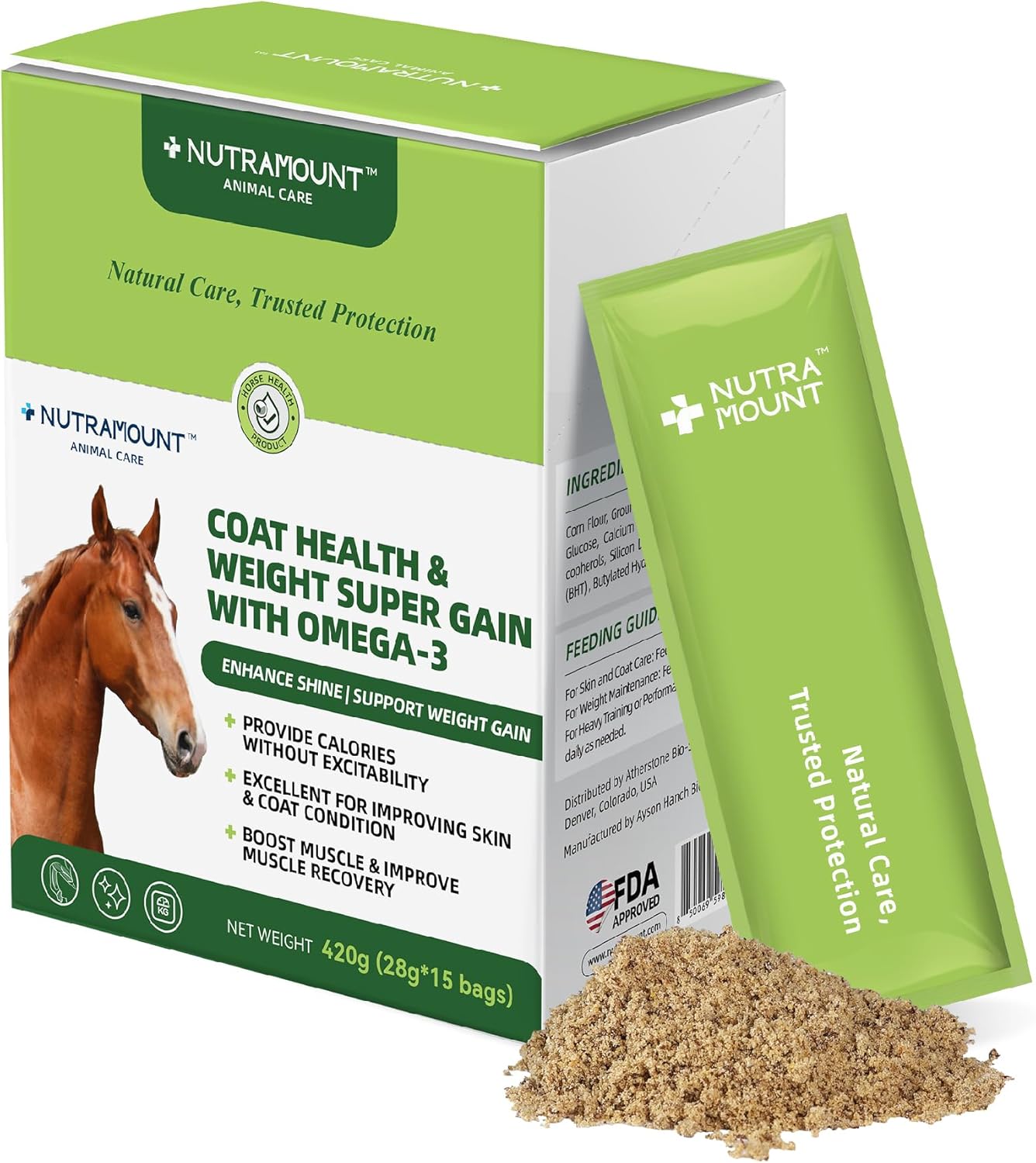 Horse Weight Gain Supplement – Omega-3 Flaxseed Formula, Natural High-Calorie Support for Healthy Weight & Shiny Coat, Easy-to-Digest High-Fat Horse Supplement – 420g