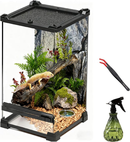 Reptile Tall Glass Terrarium Rainforest Habitat Single Door with Screen Ventilation,Small Reptile Terrarium for Spiders, Tarantulas, Snail, Mantis, Lizard (8 * 8 * 12 inch)