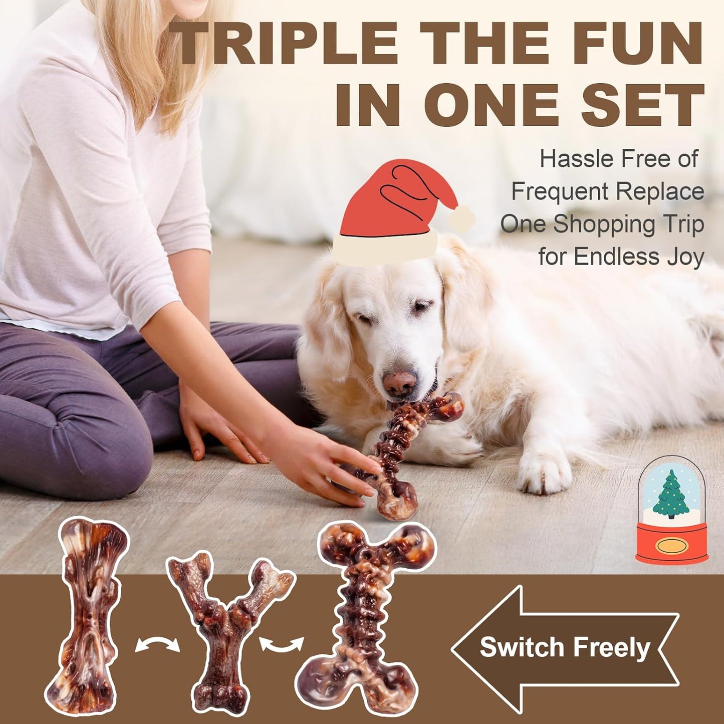 Dog Toys for Aggressive Chewers - 3 Pack Bacon Flavored Indestructible Dog Toy, Big Tough Chew Bone for Medium Large Breed 25-80lbs to Keep Them Busy, Holiday Dog Gift (Brown)