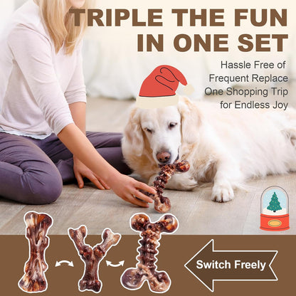 Dog Toys for Aggressive Chewers - 3 Pack Bacon Flavored Indestructible Dog Toy, Big Tough Chew Bone for Medium Large Breed 25-80lbs to Keep Them Busy, Holiday Dog Gift (Brown)