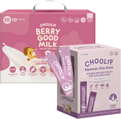 Choolip Bundle | Berry Good Milk 10pk Vitamin-Infused + 49pc Coat Support Squeeze Vita Sticks with Essential multivitamins [Both Products are for Cats & Dogs of All Life Stages]