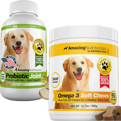 Probiotics for Dogs Joint Digestive with Skin and Coat Bundle - Omega 3 for Dogs Itchy Skin Relief for Dry Skin, Hot Spots and Shedding, Eliminates Joint Pain, Gas and Diarrhea Elimination