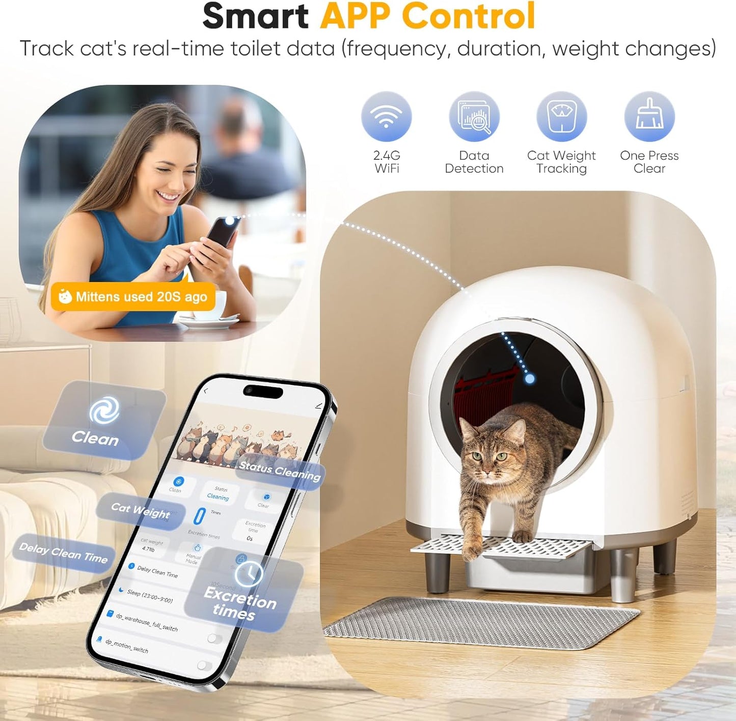 Self Cleaing Litter Box for Multiple Cats, 88L Large Smart Automatic Cat Litter Box with App Control, Health Monitoring, Integrated Safety Sensors, Odor Removal, Mat, Liners (White)