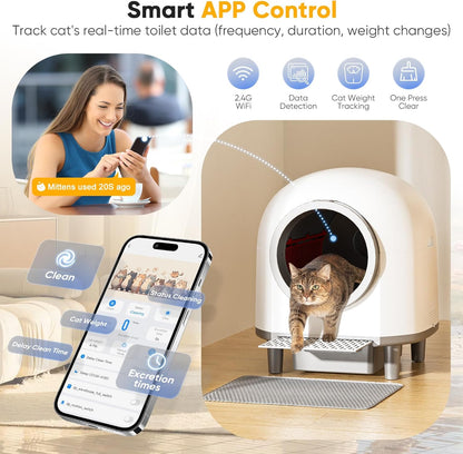 Self Cleaing Litter Box for Multiple Cats, 88L Large Smart Automatic Cat Litter Box with App Control, Health Monitoring, Integrated Safety Sensors, Odor Removal, Mat, Liners (White)