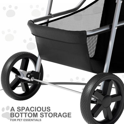 MoNiBloom Foldable Pet Stroller with Weather Cover, 3 Wheels Pet Strolling Cart for Small/Medium Dogs and Cats with Storage Basket and Cup Holder, Breathable and Visible Mesh for All-Season, Black