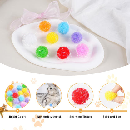 DF DUALFERV 60 Pcs Cat Pom Pom Balls, Interactive Cat Toys, Sparkle Balls for Cats, Extra Large and Fuzzy for Exercise and Entertainment, Multicolor, 1.5 Inch