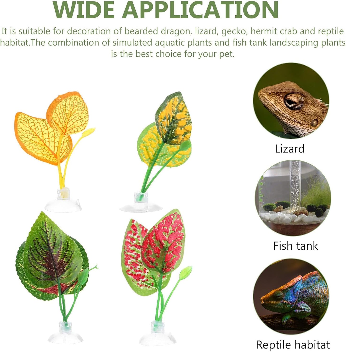 4Pcs Artificial Reptile Plants and Plastic Leaves Decor for Terrarium Habitat Landscaping, Natural Style Decorative Leaves for Turtle, Lizard, Snake Enclosures