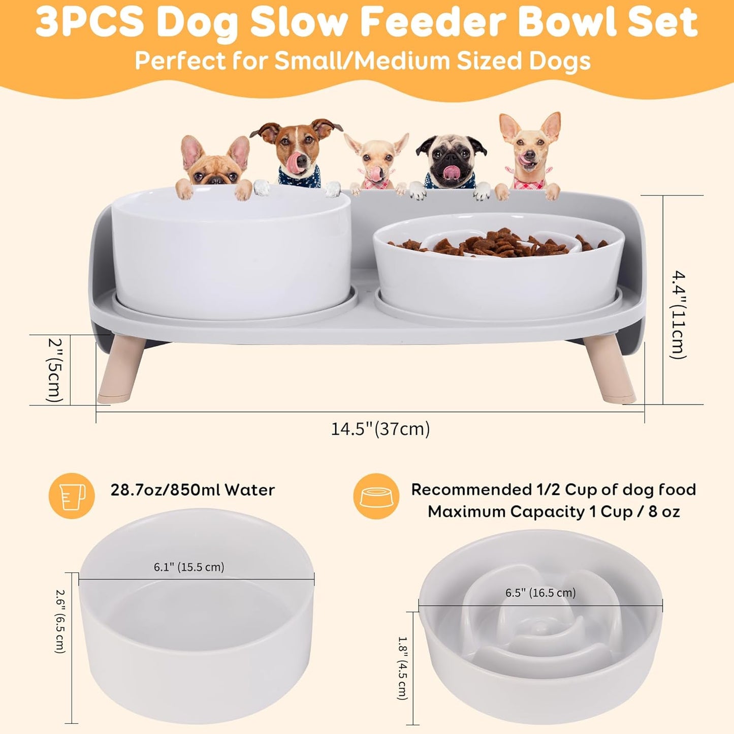 Elevated Slow Feeder Dog Bowls - Ceramic Food and Water Bowl Set with Stand - Raised Pet Dishes for Small and Medium Sized Dogs