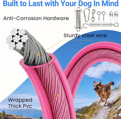 Dog Tie Out Runner for Yard - All-in-One Dog Run Solution with 15FT Tie Out Cable for Dogs, Heavy Duty Trolley System for Large Dogs Up to 250LBS, 50FT for Camping