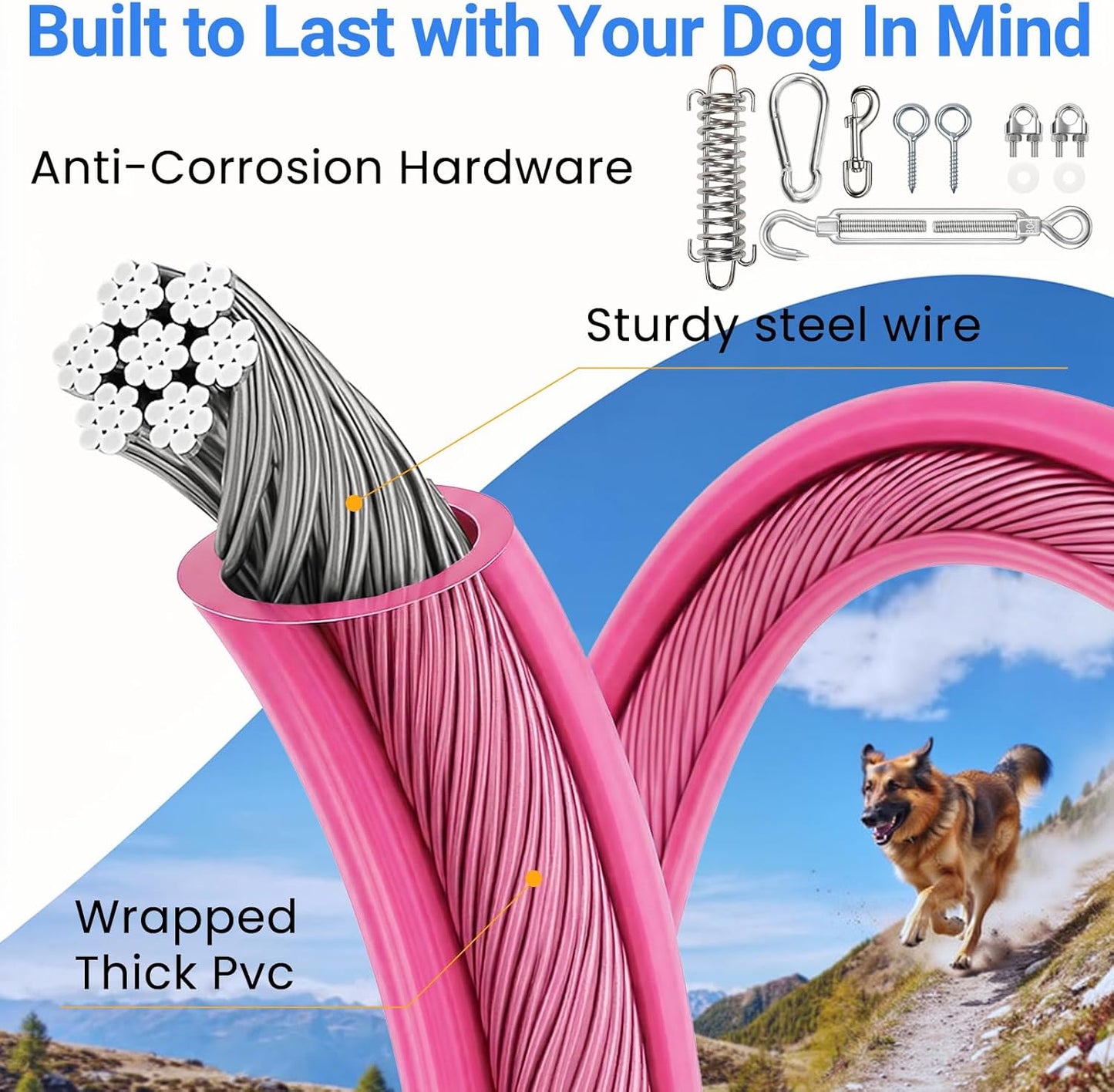 Dog Tie Out Runner for Yard - All-in-One Dog Run Solution with 15FT Tie Out Cable for Dogs, Heavy Duty Trolley System for Large Dogs Up to 250LBS, 50FT for Camping