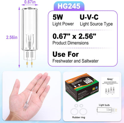 hygger Aquarium U-V Light with Timer, 360° Protective Shield Light for Green Water and Algae Cleaning with 2 PCS Replacement Bulbs for Freshwater Saltwater Tank (5W for 13-40 Gallon)
