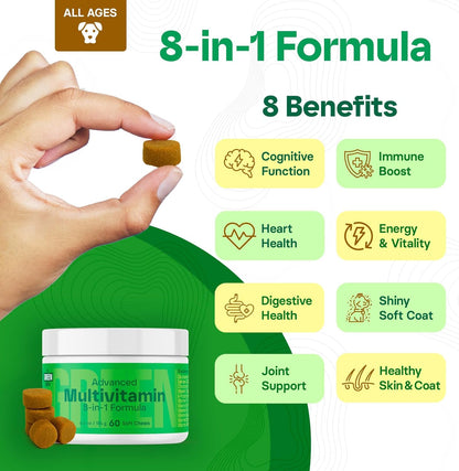 8-in-1 Advanced Multivitamin for Dogs - Omega-3, Joint & Bone Support, Skin & Coat Health - Dog Vitamins & Probiotics for Digestion - Dog Supplies Chicken Flavored 60 Soft Chews