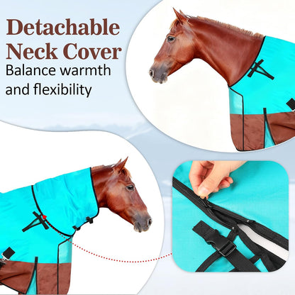 72" Horse Blankets Winter for Real Horses, 600D Waterproof & No Filling Turnout Sheet with Removable Neck Cover, Windproof Tail Flap and Belly Wrap, Suitable for Stables, Pastures and All-Weather Use