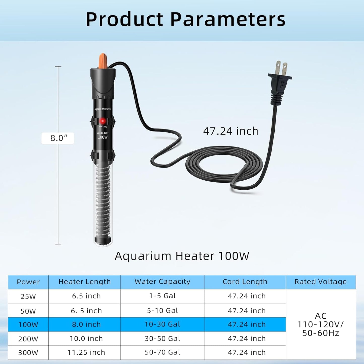 HiTauing Aquarium Heater 25W/50W/100W/200W/300W, Adjustable Knob Fish Tank Heater with Digital Thermometer, Submersible Betta/Turtle Tank Heater for Freshwater and Saltwater Tanks