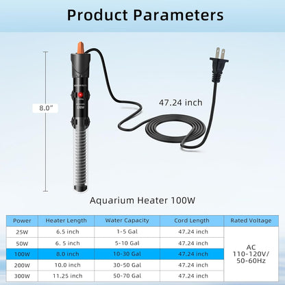 HiTauing Aquarium Heater 25W/50W/100W/200W/300W, Adjustable Knob Fish Tank Heater with Digital Thermometer, Submersible Betta/Turtle Tank Heater for Freshwater and Saltwater Tanks