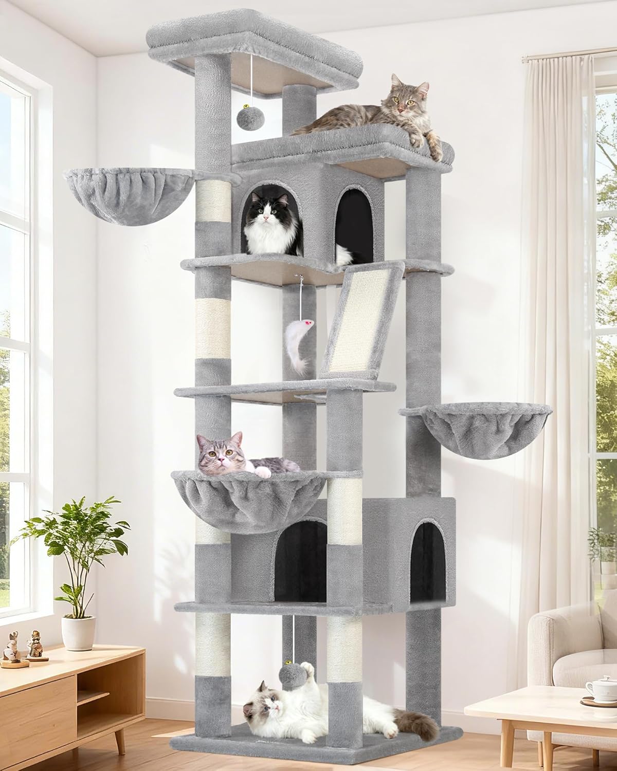 Globlazer Extra Large Cat Tree Tower 80in XXL Tall Cat Tree for Multiple Indoor Cats Large Adult Kittens with Scratching Posts, 2 Widened Perches, Adjustable Baskets, 2 Cozy Condos, S80G, Light Grey