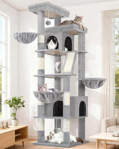 Globlazer Extra Large Cat Tree Tower 80in XXL Tall Cat Tree for Multiple Indoor Cats Large Adult Kittens with Scratching Posts, 2 Widened Perches, Adjustable Baskets, 2 Cozy Condos, S80G, Light Grey