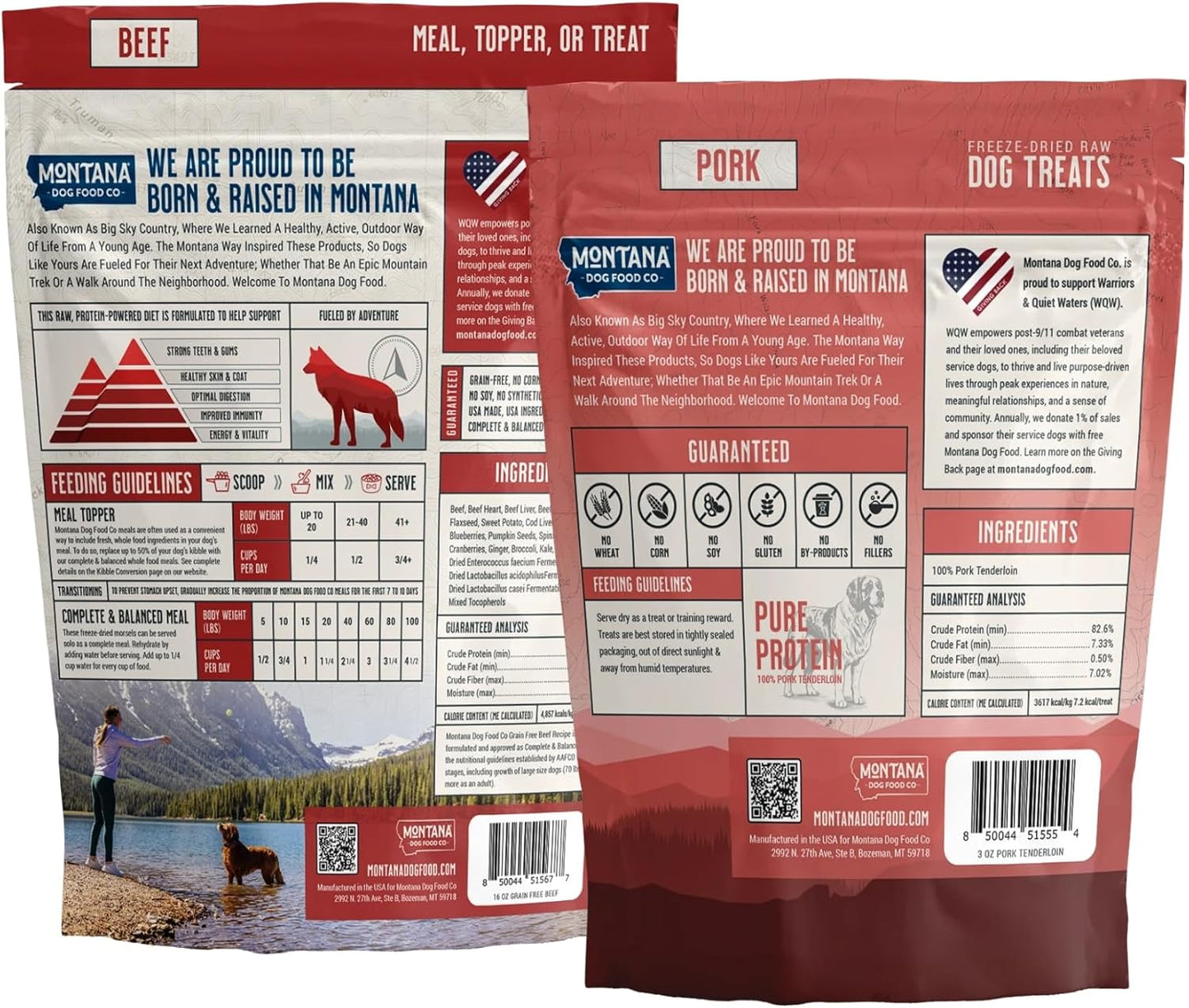 Beef Dog Food and Pork Dog Treat Adventure Fuel Bundle - 16 oz Freeze-Dried Raw Food with Single Ingredient Training Snacks