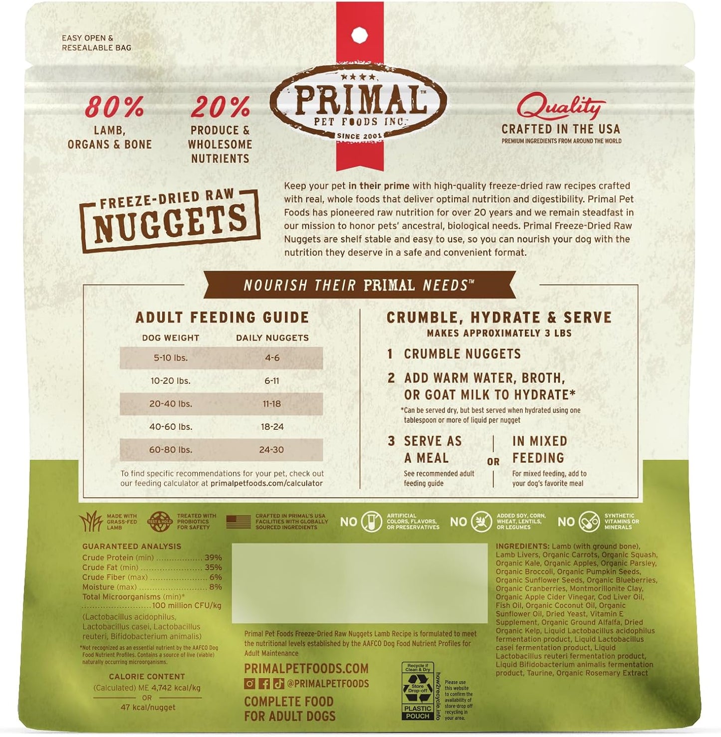 Primal Freeze Dried Raw Dog Food Nuggets, Lamb, Complete & Balanced Meal, Also Use as Topper or Treat, Premium, Healthy, Grain Free, High Protein Raw Dog Food, 14 oz