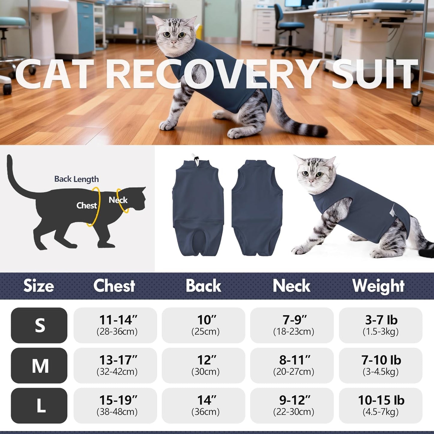 Cat Surgery Recovery Suit, Kitten Onesie After Surgery, Cats Recovery Cone Alternative for Abdominal Skin Wounds, Post Surgical Pajama Suit for Male Female Cat After Spay Wear Anti Licking (Grey, L)