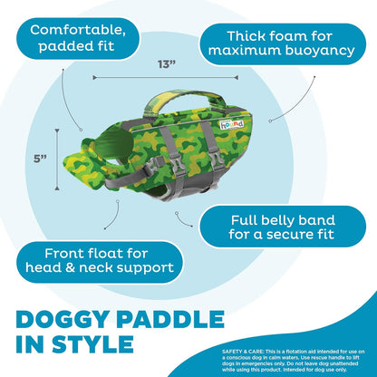 Outward Hound Granby Splash Dog Life Jacket, High-Buoyancy Dog Life Vest for Swimming, Boating, and Water Safety, Small, Camo