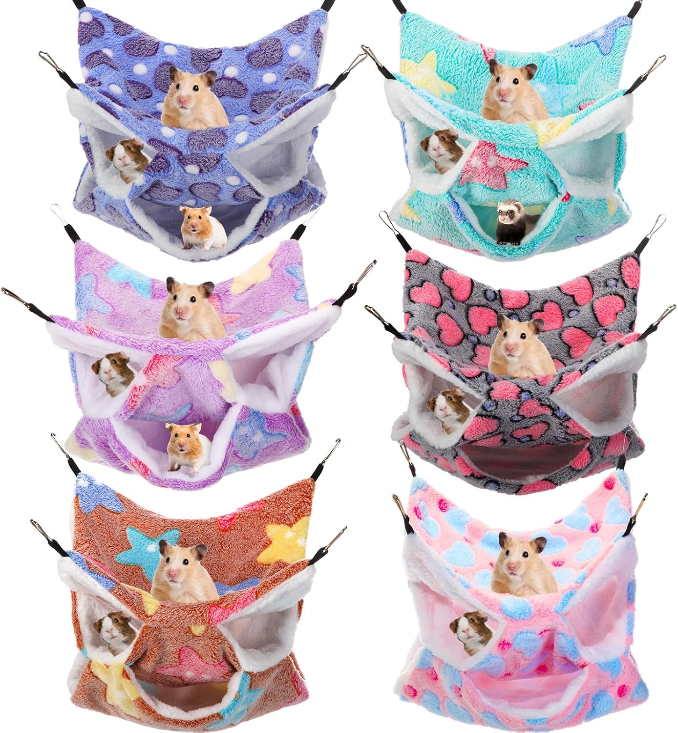 Sadnyy 6 Pieces Guinea Pig Rat Hammock Three Layer Ferret Bed Small Animal Hanging Pet Cage Hammock for Chinchilla Rat Sugar Glider Squirrel Reptiles(Fresh Pattern)