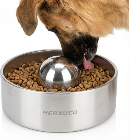 Stainless Steel Dog Slow Feeder Set – 2-in-1 Pet Bowl 64oz & Slow Feeder Ball 3.6in – Spherical Design Slows Eating & Use Separately or Together (Large)