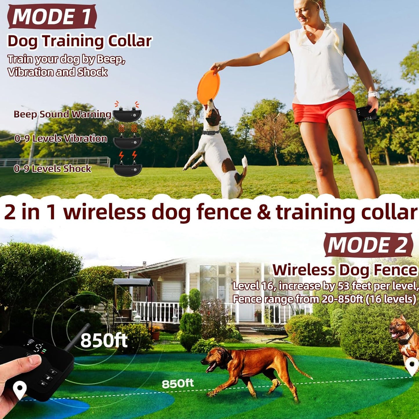 Wireless Dog Fence System for 2 Dogs, 2025 Newest Electric Fence for Dogs, Portable 2 in 1 Waterproof Training Shock Collar with Remote Control,Perimeter Dog Collar Up to 985ft Adjustable