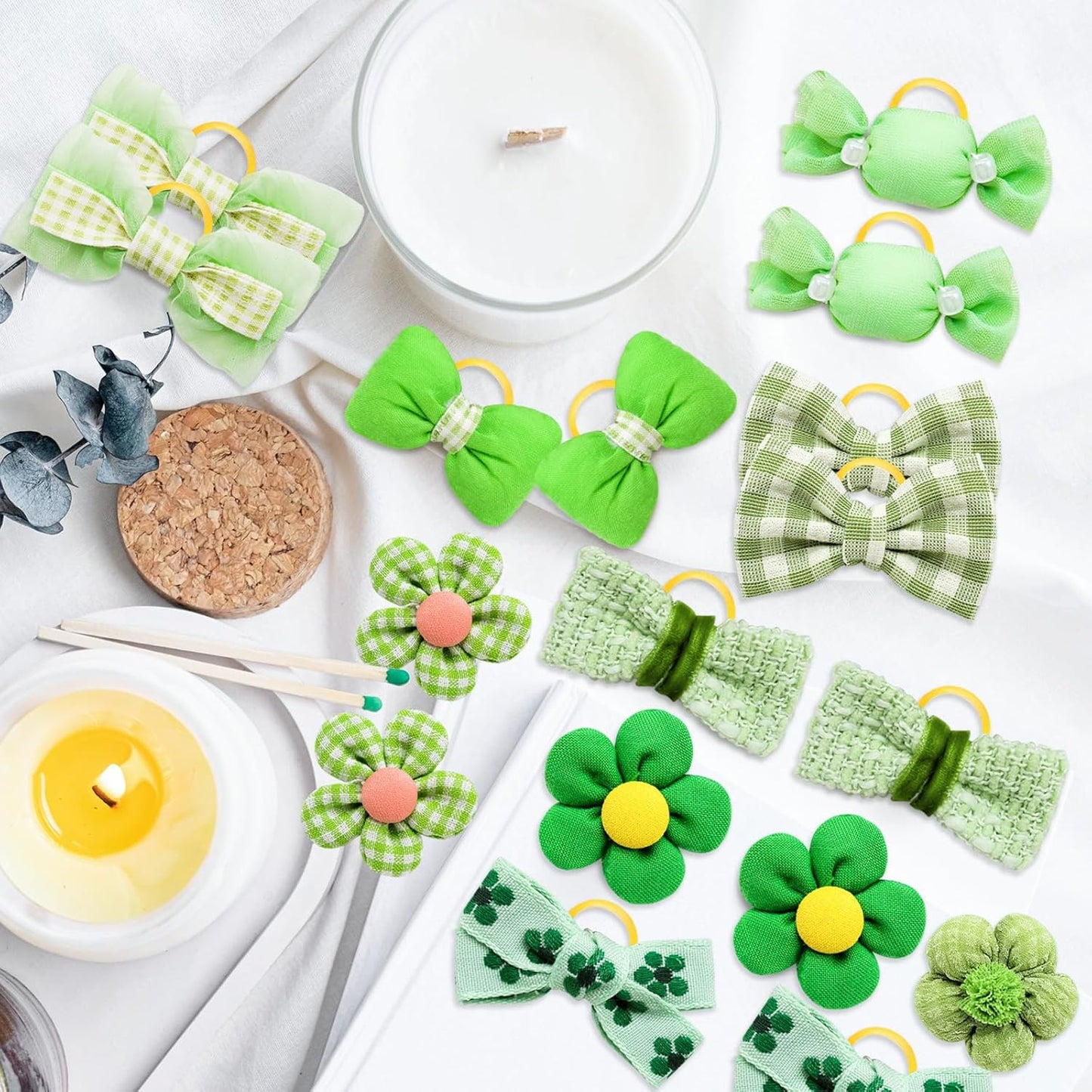 20pc Green Small Dog Hair Bows with Rubber Bands, Bulk Green Puppy Dog Hair Bows, Mix Handmade Cute Dog Gooming Flower Ball Bows for Holiday Yorkie Dog Hair Accessories