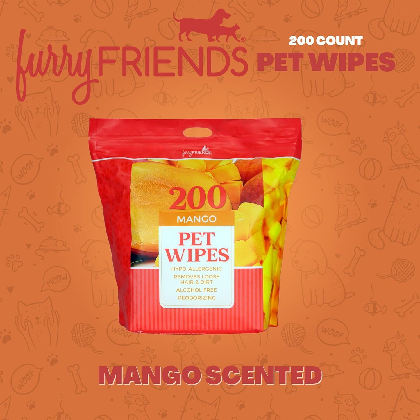 FurryFriends Pet Wipes | Mango | Hypo-allergenic | Alcohol Free| Deodorizing | Removes Loose Hair & Dirt | Incredibly Clean | 200 ct. 1 Pack
