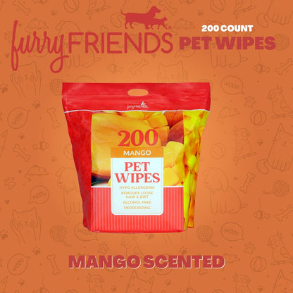 FurryFriends Pet Wipes | Mango | Hypo-allergenic | Alcohol Free| Deodorizing | Removes Loose Hair & Dirt | Incredibly Clean | 200 ct. 1 Pack