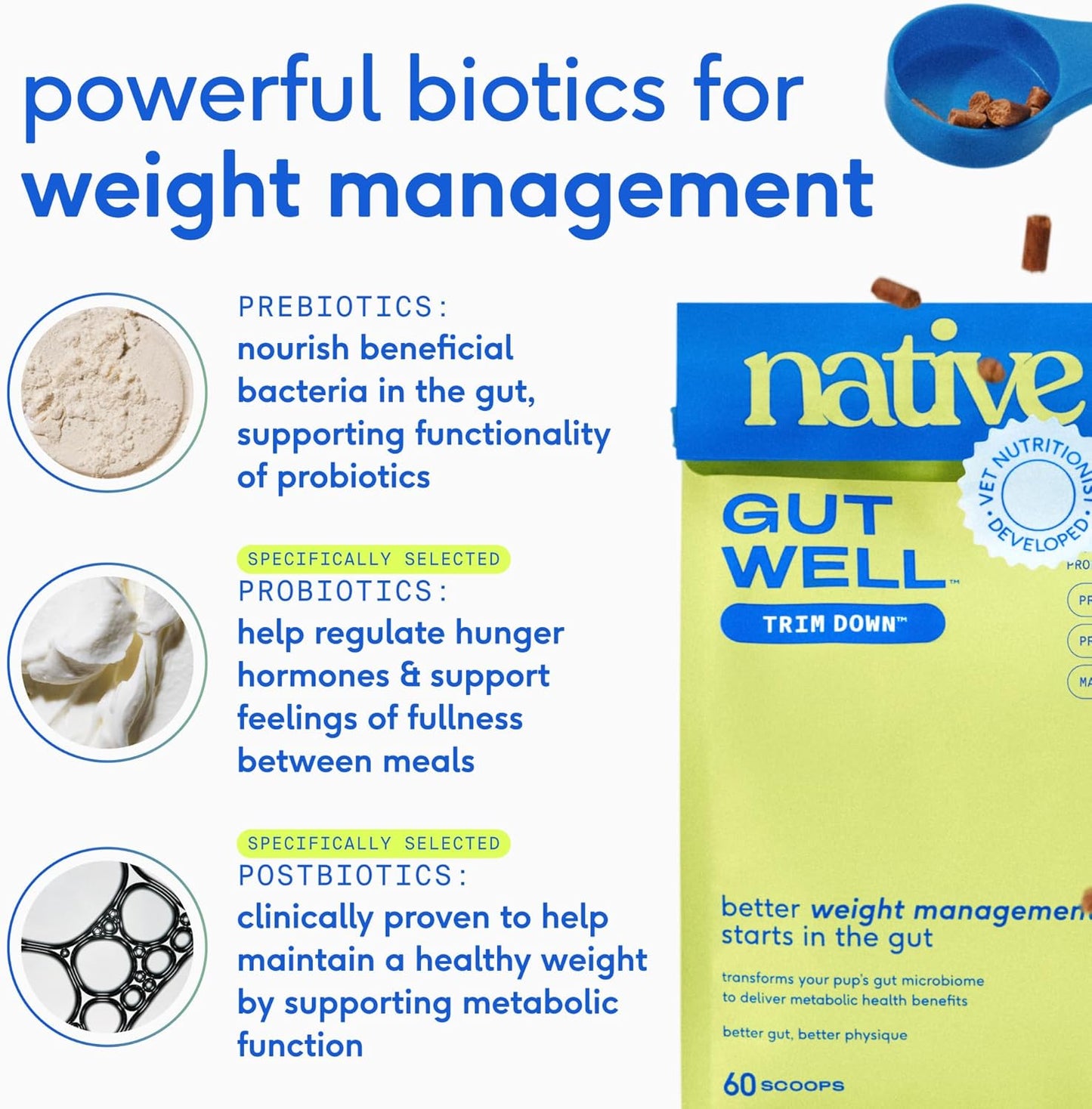 Native Pet Slim & Wellness Trio: 60 Scoops GutWell Trim Down Dog Weight Loss Supplement, 30 Scoops 11-in-1 Vitamins & Supplements & 8 Oz Omega 3 Fish Oil for Dogs & Cats