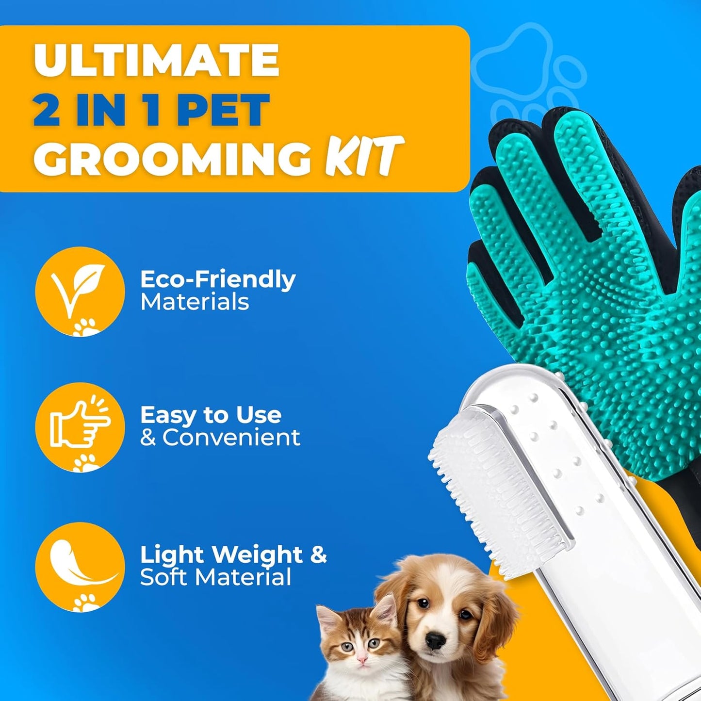 Dog Toothbrush Kit + Pet Hair Removal Glove – 4 Silicone Finger Toothbrushes with Travel Cases – Pet Dental Care & Teeth Cleaning, Plaque & Tartar Control – Dog Grooming Gloves – Free QR eBook