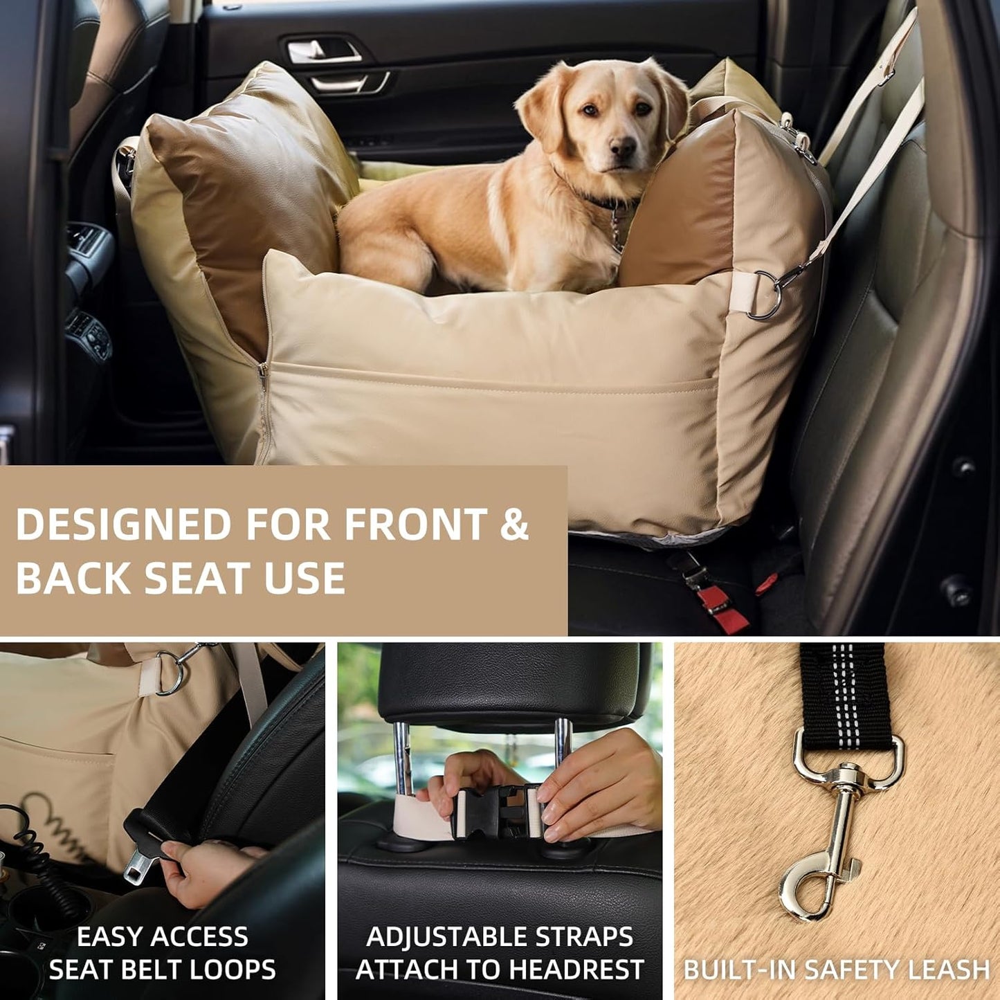 Small Dog car seat for Small Dogs seat Bed for car cat pet Puppy Bed Dog Medium Sized Booster 5-15 lbs with Harness（Milky White）