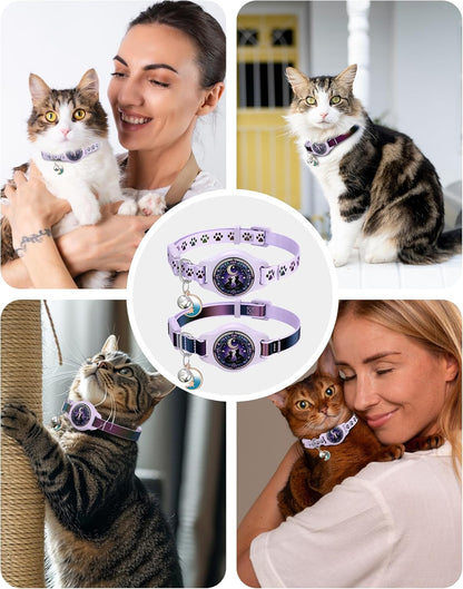 Cat Collar with Airtag Holder, 2 Pack Waterproof Breakaway Kitten Collar for Apple AirTag GPS Tracker, Adjustable Cat Collar with Buckle, Bell & Reflective Pattern for Cats, Kittens, Purple (8-11")