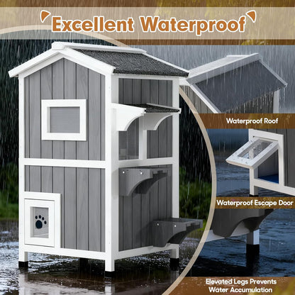 Insulated Outdoor Cat House with Insulated Liner 2 Story Weatherproof Elevated Outside Cat Shelter for Feral Multi Cat