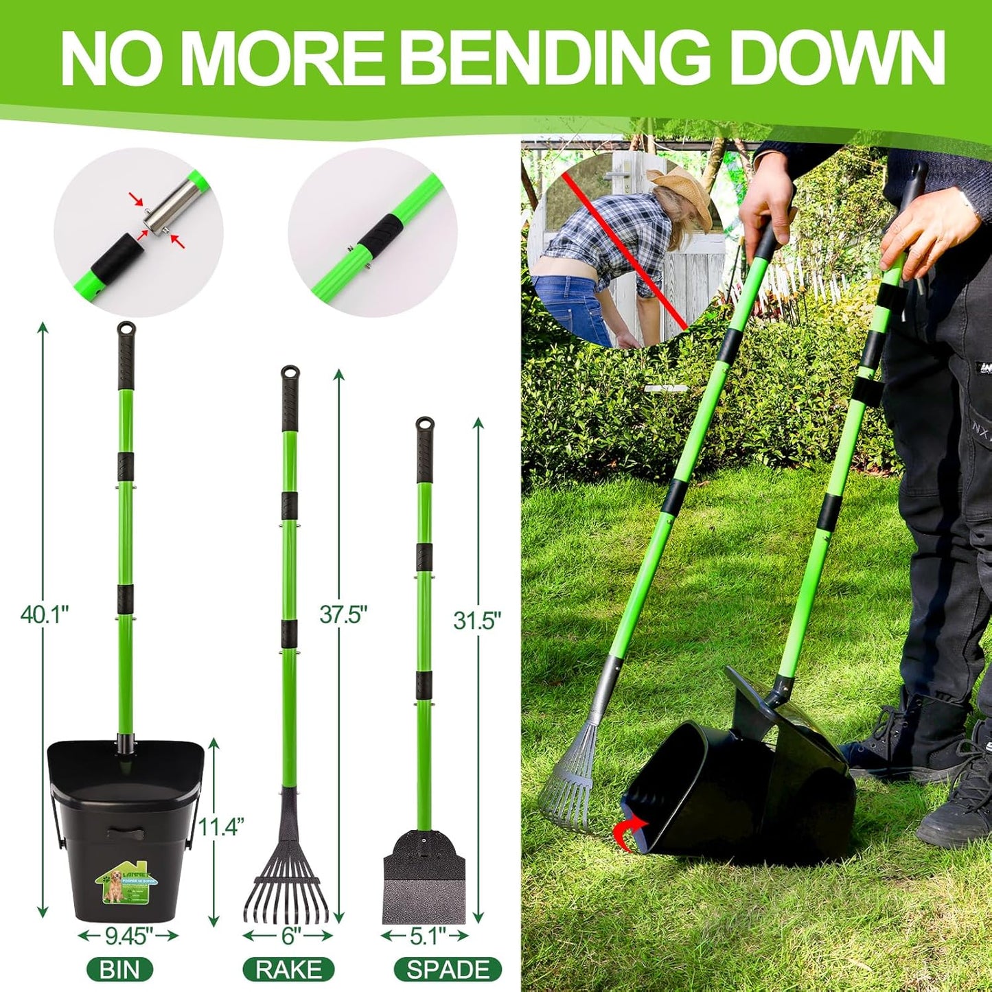 LANNEY Pooper Scooper - 38" Long Adjustable Metal Handle Dog Pooper Scooper Swivel Bin & Rake & Spade with 50 Bags Attachment, Portable Heavy Duty Dog Poop Scooper for Yard Dogs Large Medium Small